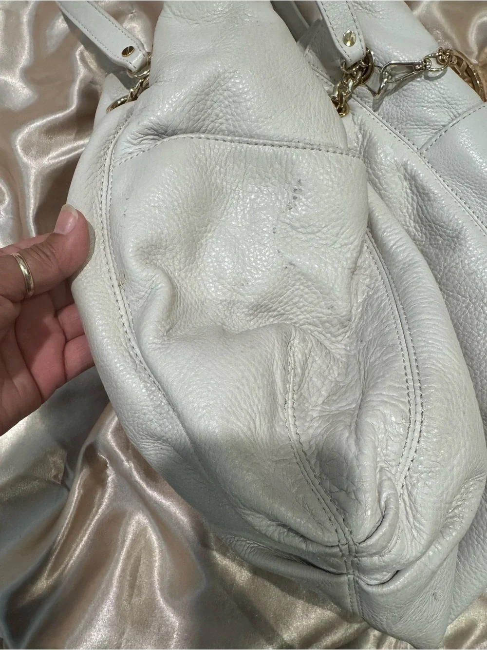 Michael Kors Ivory Leather Drawstring Hobo with Gold Accents